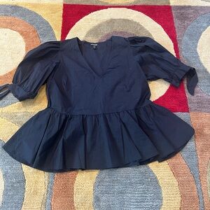 Express Black Poplin Material Peplum V Neck Tie Sleeve Black Blouse Top Small